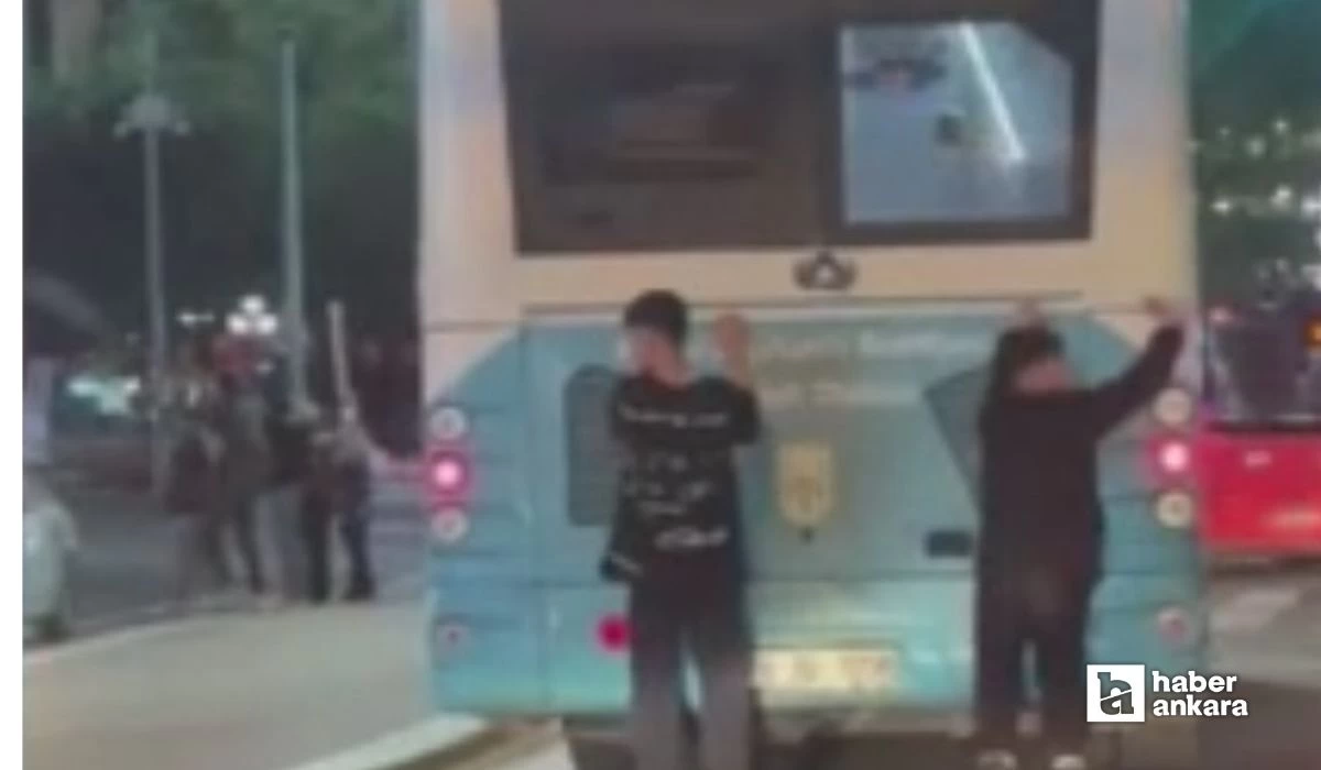 Ankara'da patenli 2 çocuk belediye otobüsünden tutunarak yolculuk yaptı